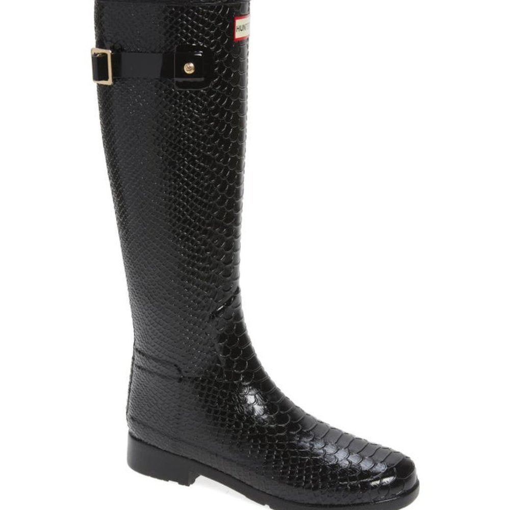 Hunter W23770 Black Snakeskin Embossed Print Wellington Rain Boots Size 5M/6F